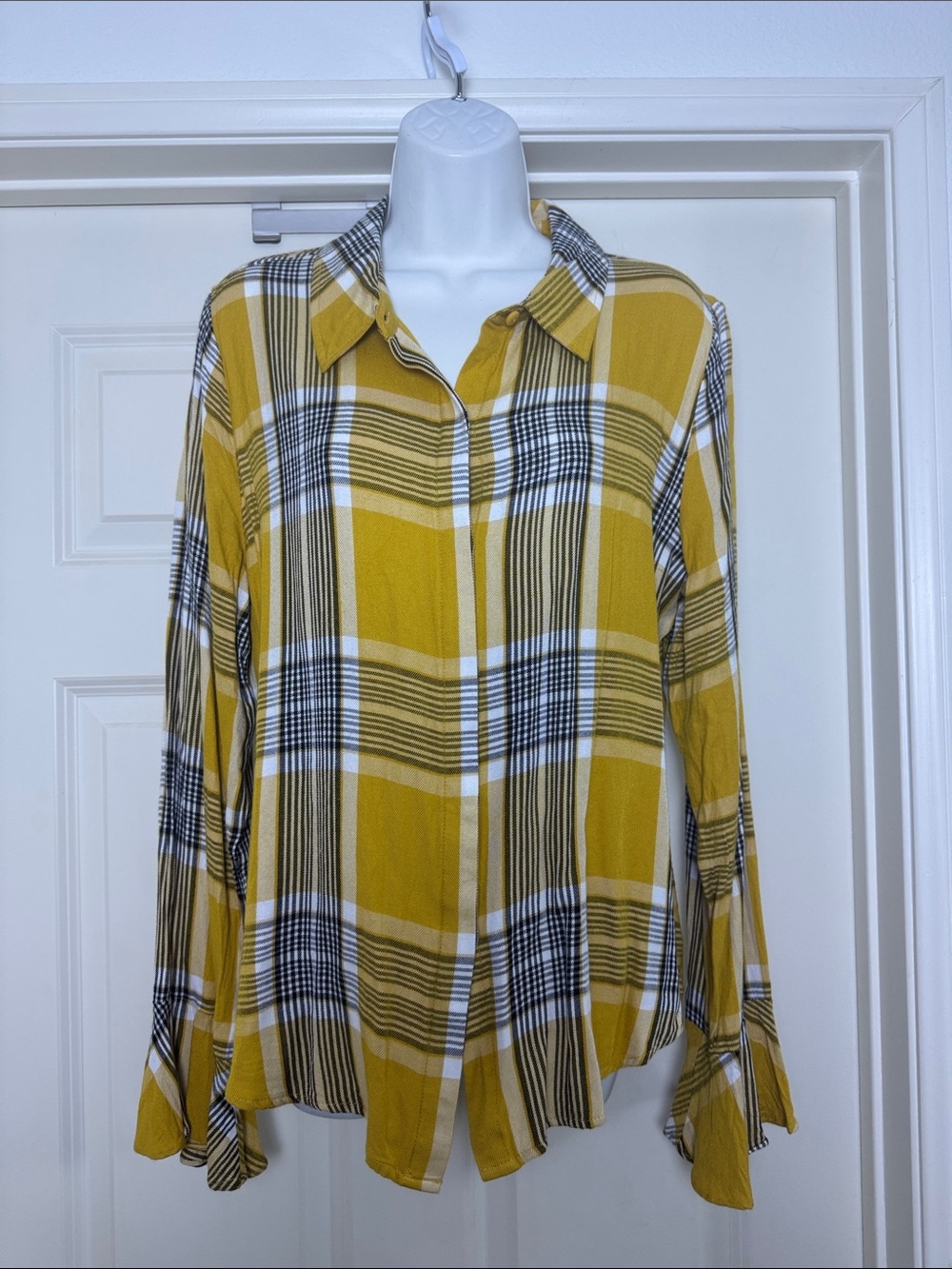 Sanctuary Yellow Plaid Button-Down Shirt with Bell Sleeves size L